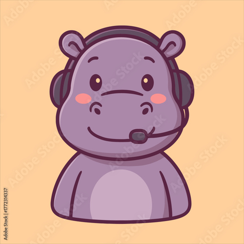 Smiling Cartoon Hippo Wearing Headset Ready for Customer Service.