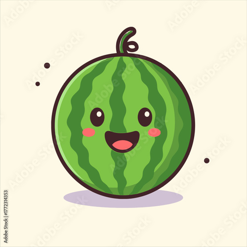 Smiling Cartoon Watermelon with Cheeks and a Curly Green Stem.