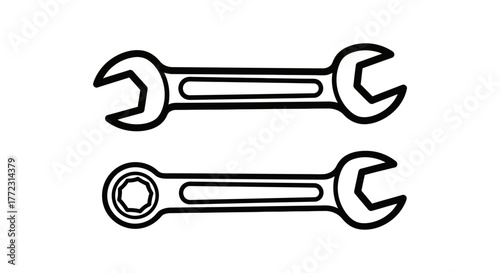 Simple black and white illustration of two different wrench tools