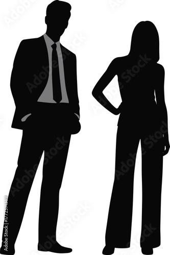 Silhouette business people pair, professional man and woman figures, corporate attire fashion, office lifestyle concept, modern vector artwork, creative illustration