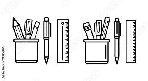 Stationery set with pens pencils rulers and containers in black outline