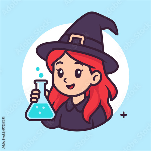Smiling Cartoon Witch with Red Hair Holding a Beaker of Blue Liquid.