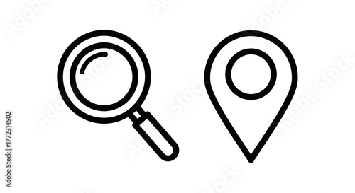 Black outline illustration of a magnifying glass and location pin icon