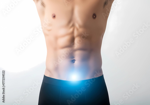 Blue Energy Glow on Male Abdomen Symbolizing Balance
