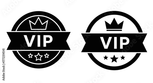Two black and white vip badges with crown and star details