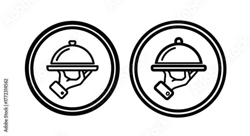 Two circular icons depicting a hand holding a covered serving dish