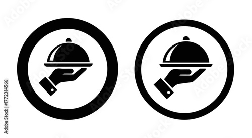 Two circular icons depicting hands presenting dishes under silver cloches