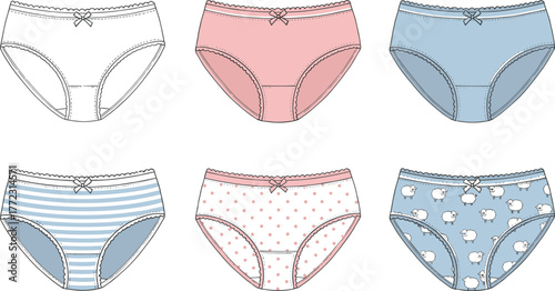 Women cotton underwear briefs fashion flat sketch set, cute patterned panties design collection, cad drawing flat vector illustration