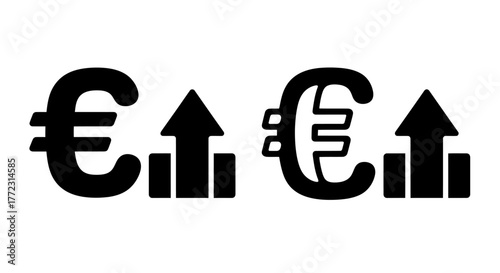 Euro currency symbol combined with upward pointing arrows signifies economic growth