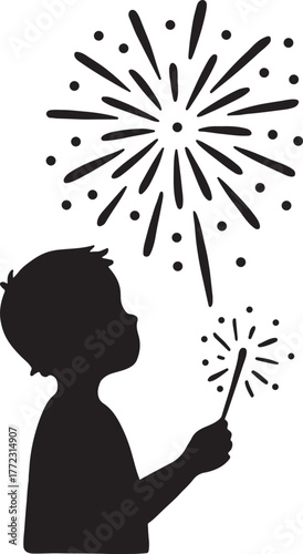 Silhouette of child holding sparkler and watching fireworks, festive celebration design.