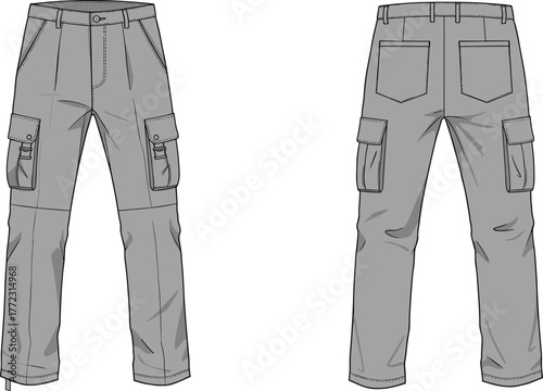 Cargo pants technical design, front and back view fashion flat sketch, apparel template for clothing mockup, cad drawing flat vector illustration