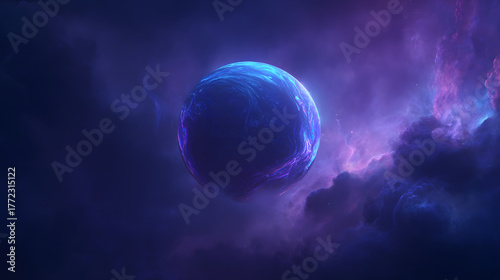 mystical glowing opal planet floating in deep space surrounded by cosmic dust and nebula clouds with iridescent blue and purple cinematic lighting