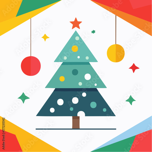Festive Christmas Tree Decoration with Colorful Geometric Background and Hanging Ornaments