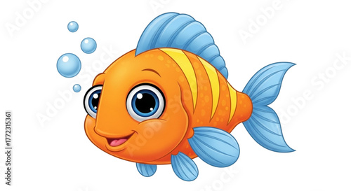 Cute Cartoon Orange and Blue Tropical Fish Character with Bubbles