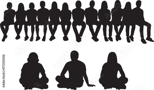 Silhouette group of people sitting and cross-legged on white background Keywords: silhouette, group, people, sitting, cross-legged, white background, men, women, casual, on transparent background