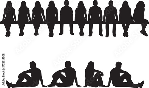 Silhouette group of people sitting on a ledge and sitting cross-legged on white background Keywords: silhouette, group, people, sitting, cross-legged, white background, men, on transparent background
