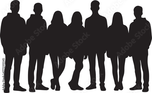 Silhouette of seven people standing side by side in a row against a white background group on transparent background