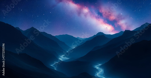 abstract wallpaper of night light view of mountains with flowing river, Generative AI