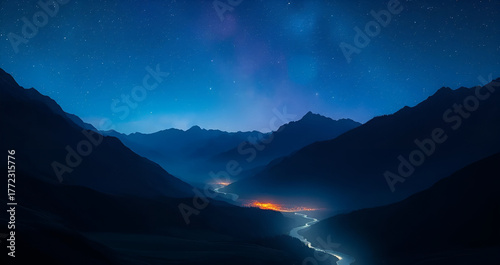 abstract wallpaper of night light view of mountains with flowing river, Generative AI