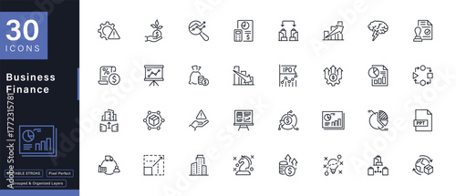 Business and Finance Line Icons Set for Data, Strategy, and Growth