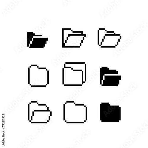 Folder icons 8-bit pixel art set. Retro monochrome design representing files, data storage, and organization in classic computer style. Minimalist digital elements for vintage interfaces and g