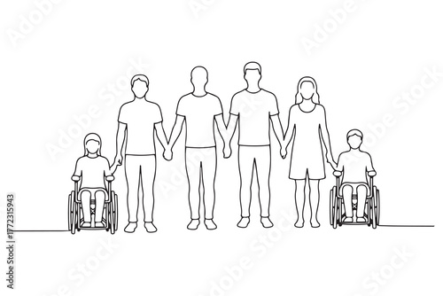 Group of people hold hands. Friends together with disabled. one line Icon drawing with white background