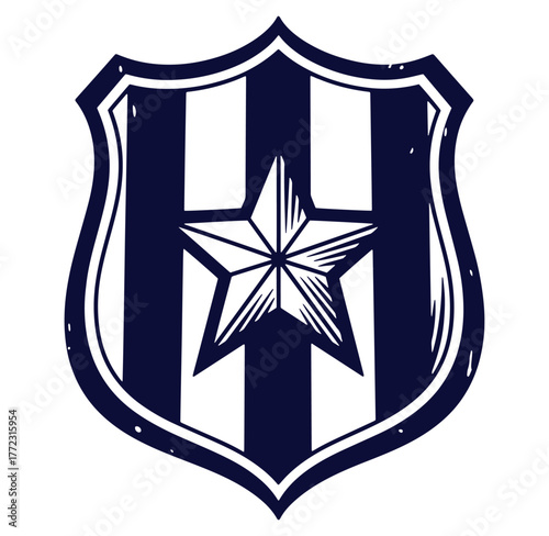 Stylized emblem featuring a shield design with stripes and a five point star in the center