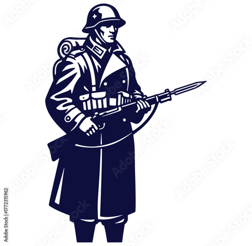 Vector illustration of a standing soldier holding a rifle wearing military uniform and helmet.