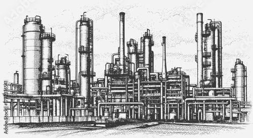 Vector sketch image of an industrial object for advertising and presentation purposes. Chemistry or oil refinery plant. EPS version.
