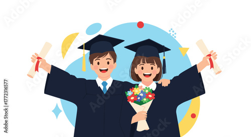 Happy young graduates celebrating their academic achievement with diplomas and flowers, looking forward to a bright future.