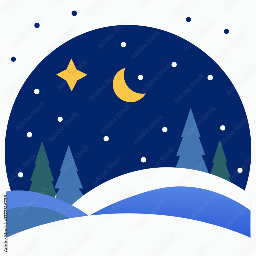 Fototapeta premium Winter night scene with moon star trees snowflakes and hills silhouette isolated on white background