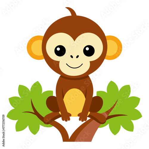 Cute cartoon monkey sitting on a tree branch silhouette isolated on white background