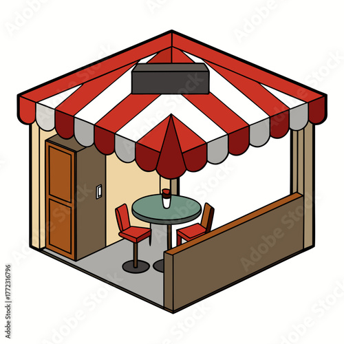 Isometric outdoor cafe seating area with striped awning and umbrella silhouette isolated on white background