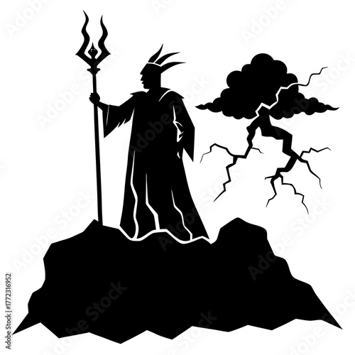 Mysterious sorcerer holding a trident on a rocky outcrop silhouette isolated on white background