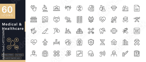 60 Medical and Healthcare Line Icons Set