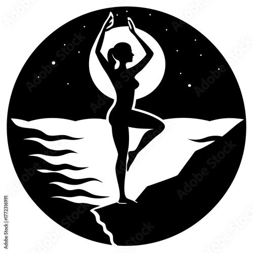 Woman performing yoga tree pose silhouette against moon and stars isolated on white background