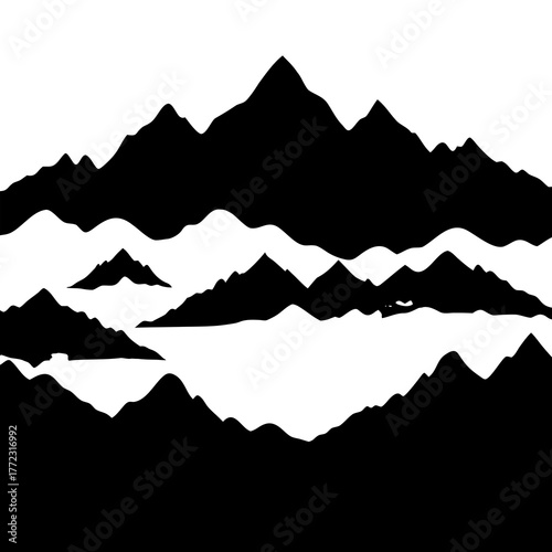Layered mountain range landscape silhouette isolated on white background silhouette