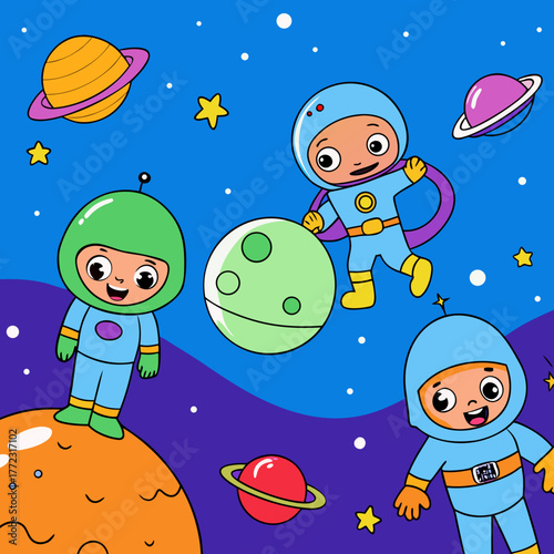 Three happy cartoon astronauts exploring space with planets and stars silhouette isolated on white background