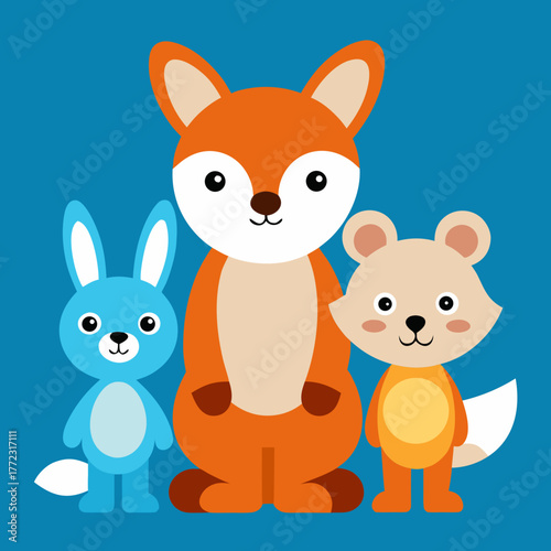 Cute cartoon fox rabbit and bear friends together isolated on white background silhouette