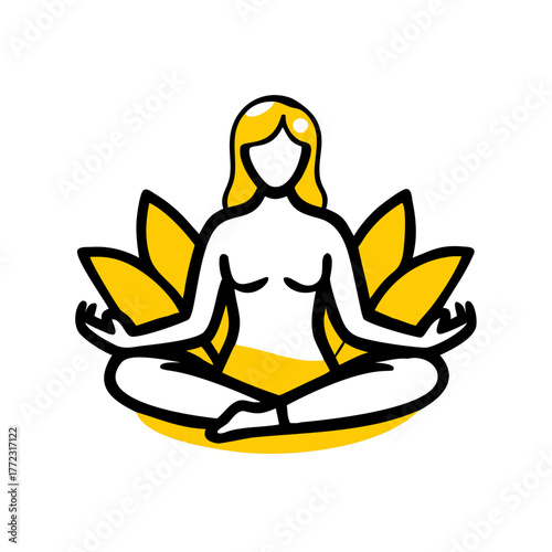 Vector illustration of a woman meditating outdoors surrounded by green tropical leaves. Peaceful yoga, mindfulness, relaxation, and healthy lifestyle concept