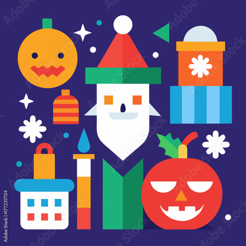 Festive holiday characters and symbols geometric design silhouette isolated on white background