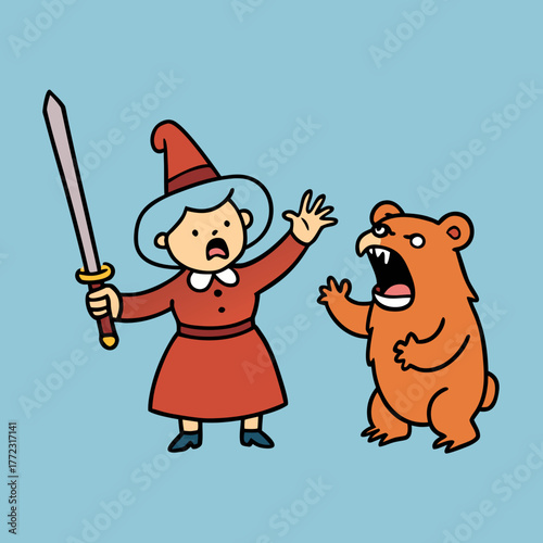 Cartoon witch holding sword confronting a roaring bear silhouette isolated on white background