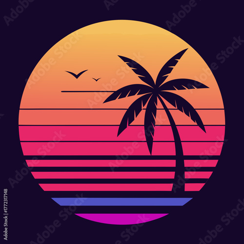 Retro sunset palm tree silhouette with flying birds isolated on white background silhouette