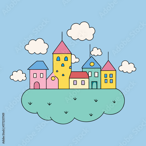 Whimsical cartoon village on a cloud with colorful houses and fluffy clouds silhouette isolated on white background