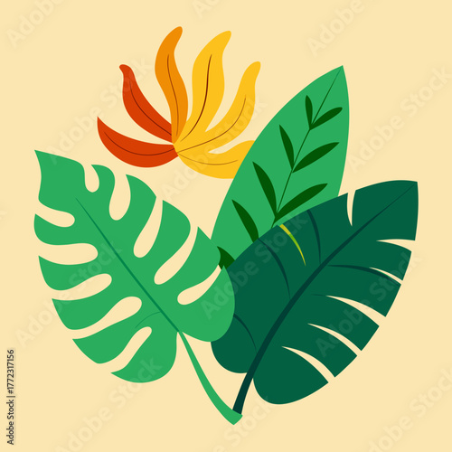 Tropical foliage and exotic flower arrangement silhouette isolated on white background