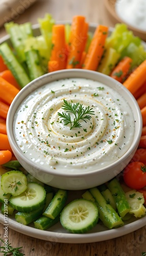 Delicious creamy herb dip served in a bowl surrounded by a colorful assortment of fresh raw vegetable crudit s for healthy snacking