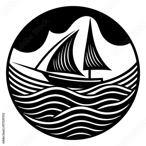 Stylized sailboat sailing on wavy ocean waters silhouette isolated on white background