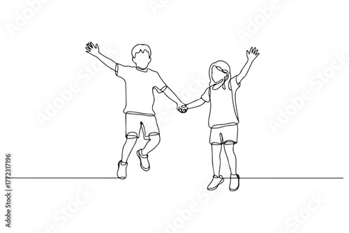Happy jumping children holding hands. Continuous line drawing. one line Icon drawing with white background