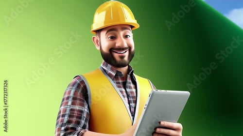 Construction worker holding tablet against green background