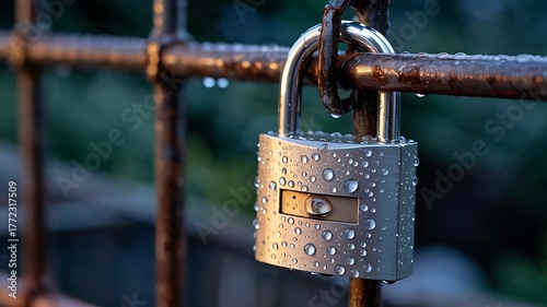 Close up of a wet metal padlock with a combination dial secured to a rusty metal railing outdoors after rain